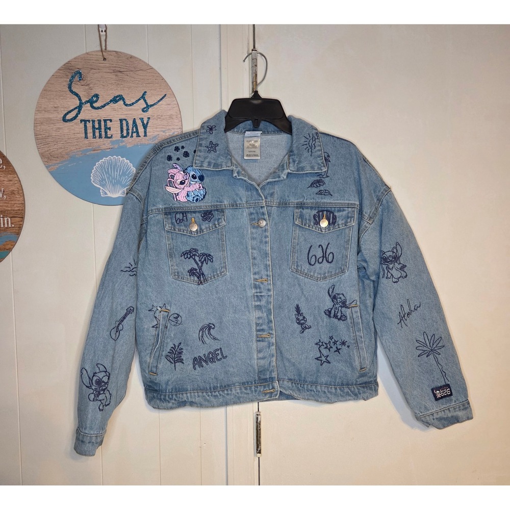 Disney Lilo & Stitch Angel Embroidered Denim Jacket Light Wash Blue Womens L